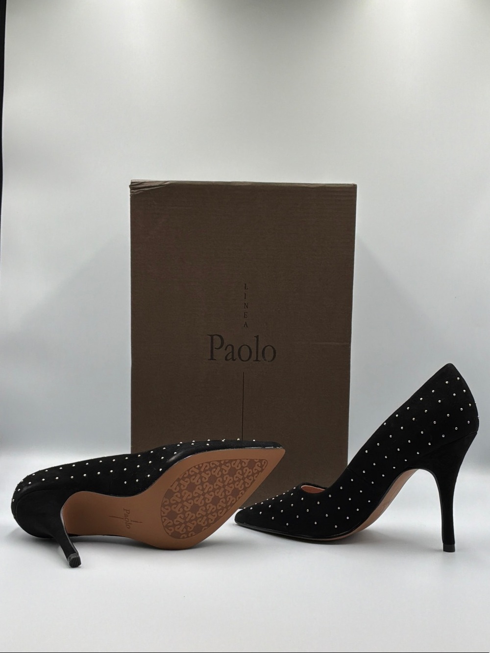 Linea Paolo Black Pointed-Toe Pumps with Silver Stud Accents - Picture 2 of 7